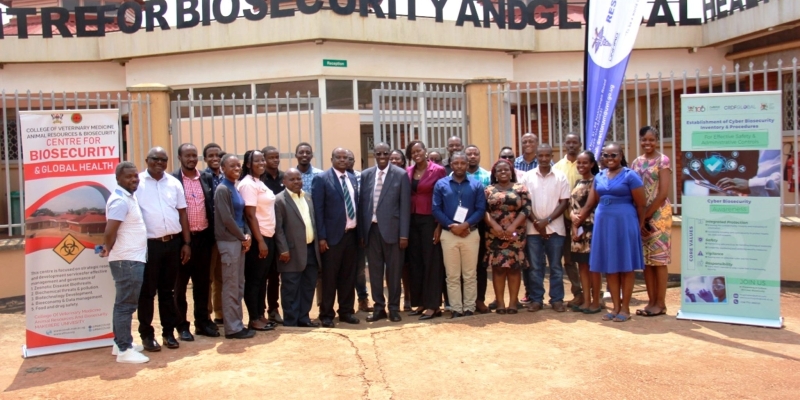 A group photo of participants during the Cyberbiosecurity Workshop on 16th August, 2024 at the Centre for Biosecurity and Global Health, CoVAB, Makerere University.